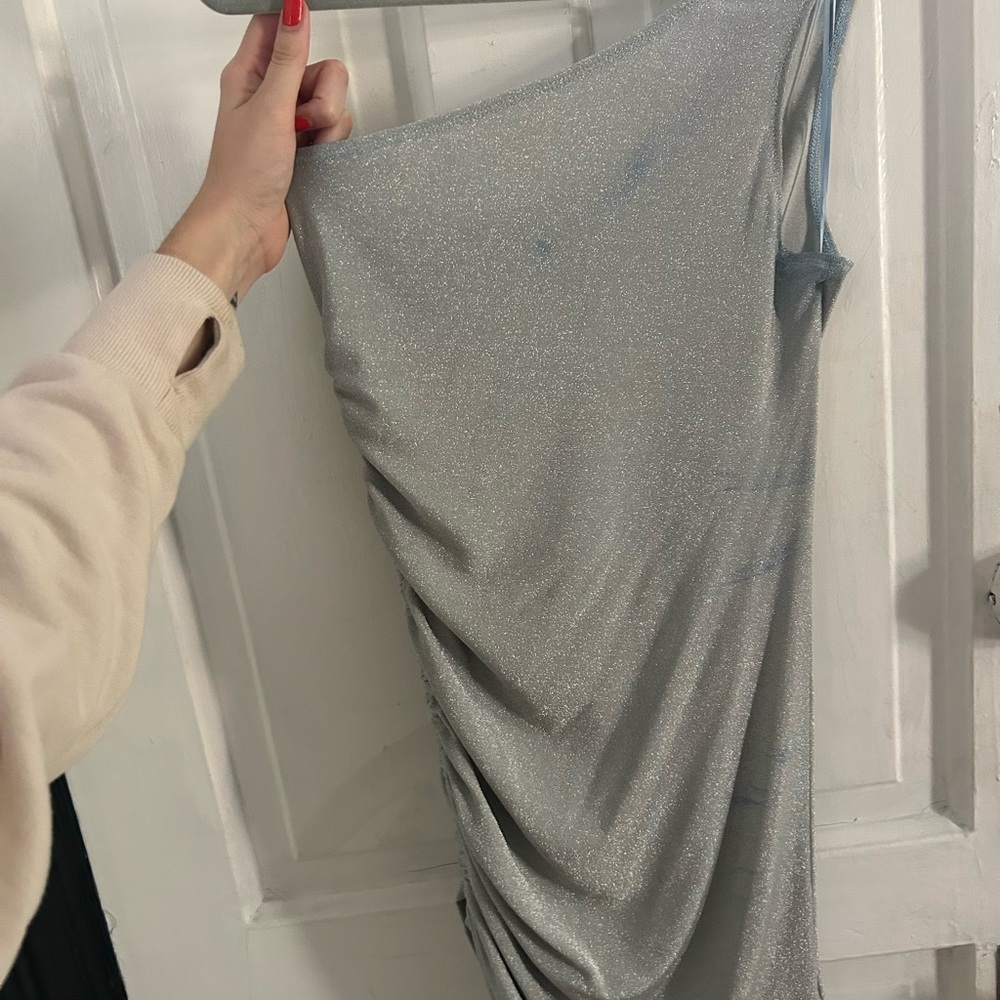 Reformation Shimmering Silver One-Shoulder Dress